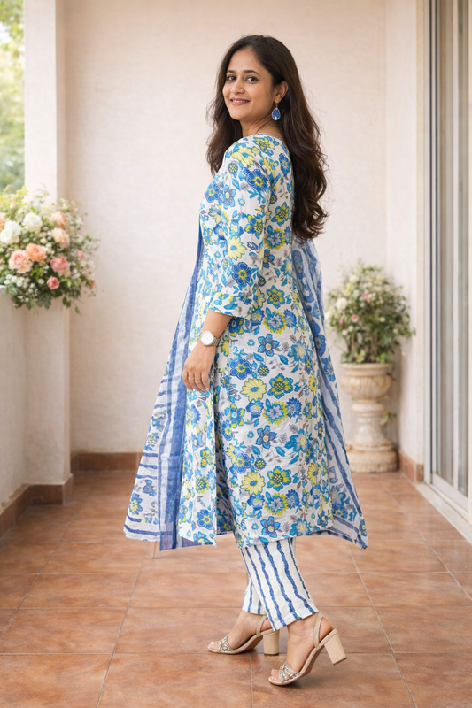 Cotton Flower Printed Straight Kurta, Pant and Dupatta Set-Light Blue