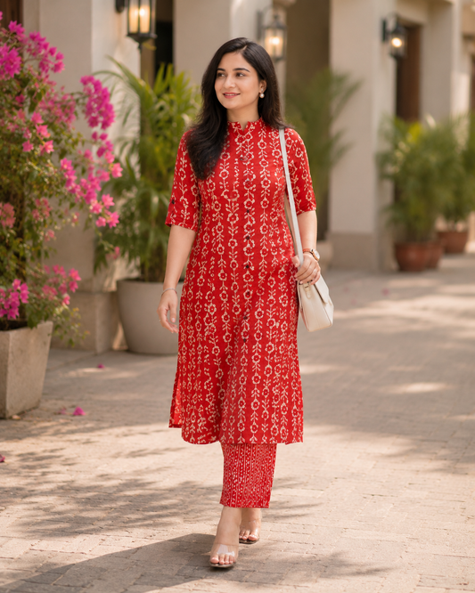 Cotton Printed Straight Kurta Pant Set-Red