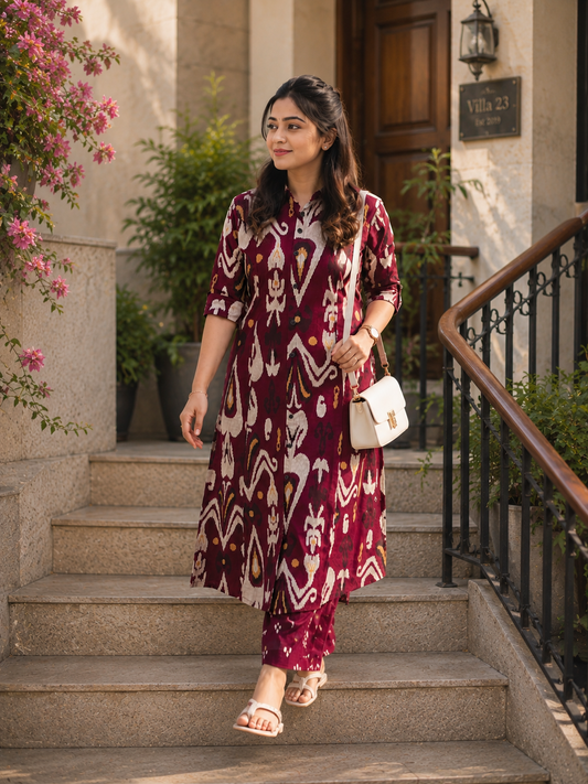Cotton Printed Straight Kurta Pant Set- Wine