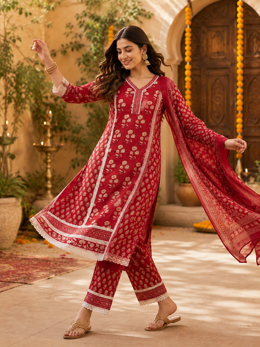 Premium Embroidered Cotton kurta Pant Set-Red