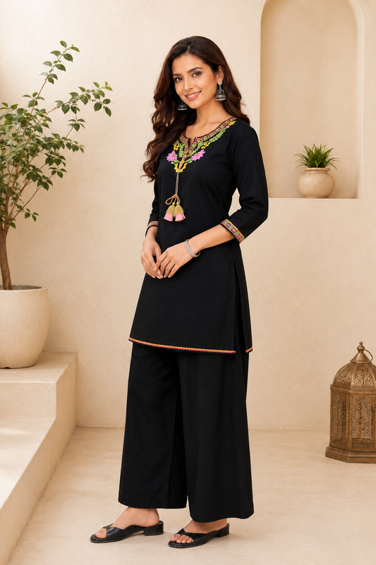 Cotton Embroidered Co-ord Set-Black
