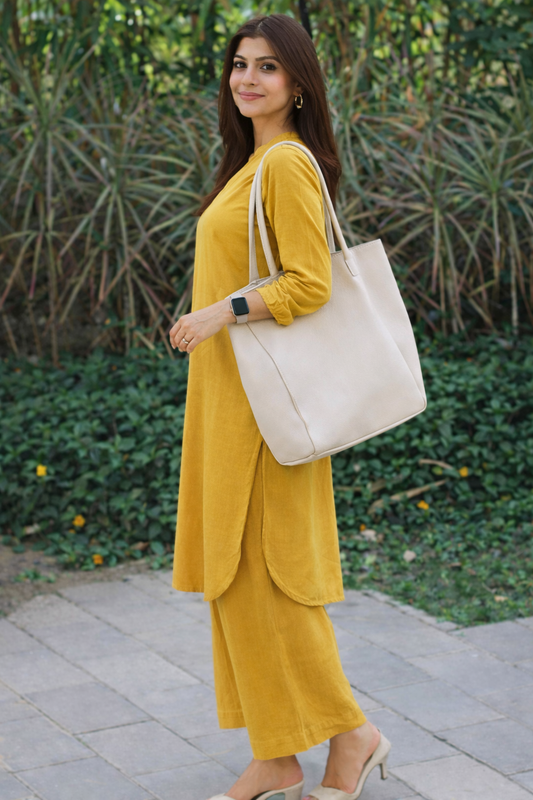Cotton Slub Plain Dye Kurti Palazzo Set-Yellow