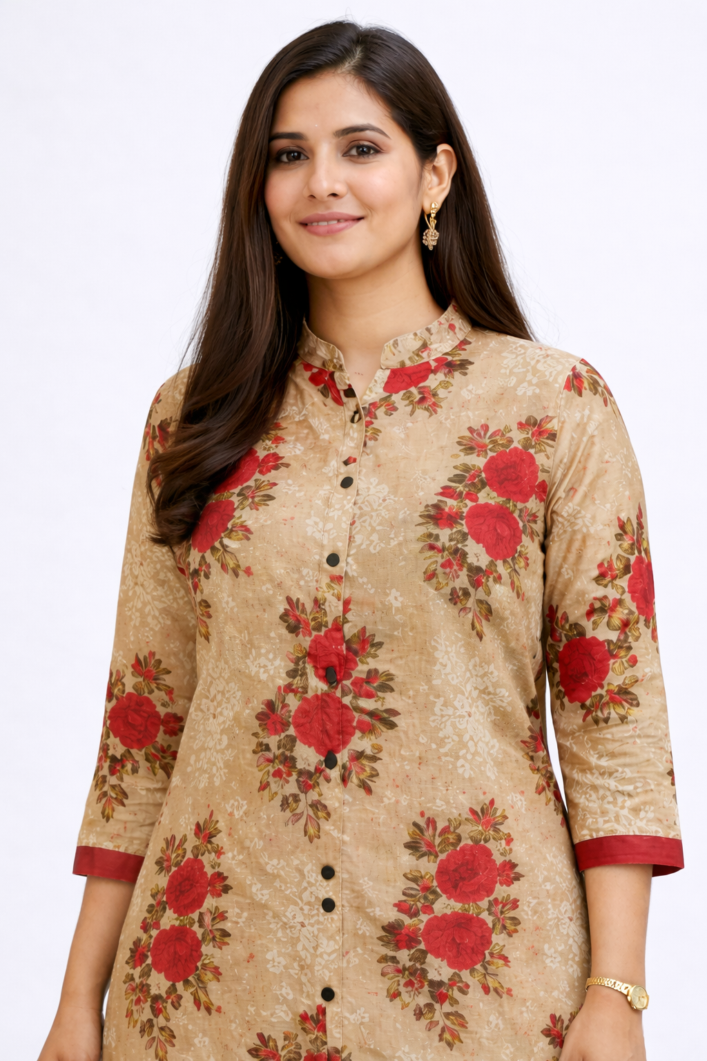 Cotton Printed Kurta with Pant Set-Light Brown