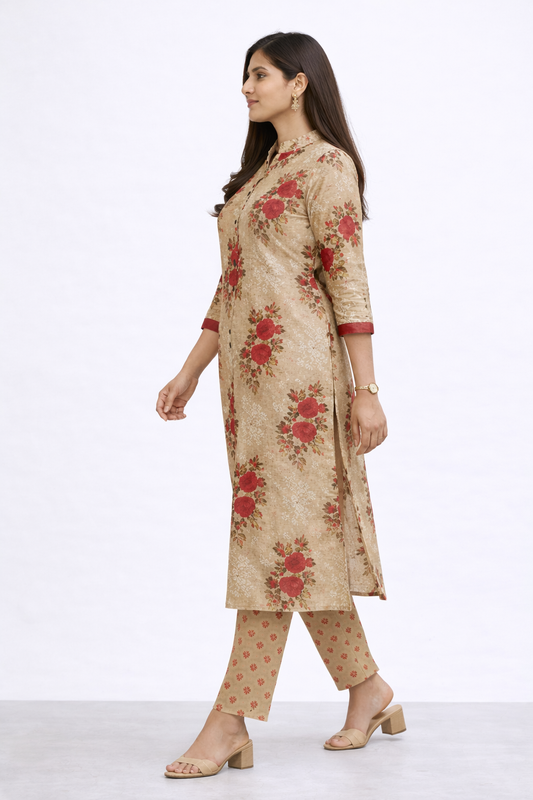 Cotton Printed Kurta with Pant Set-Light Brown