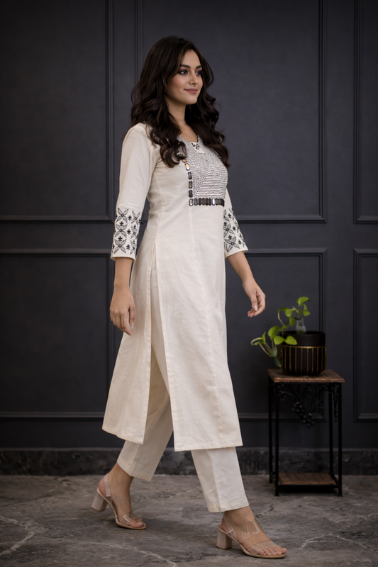 Cotton Embroidery Kurta Pant set-White