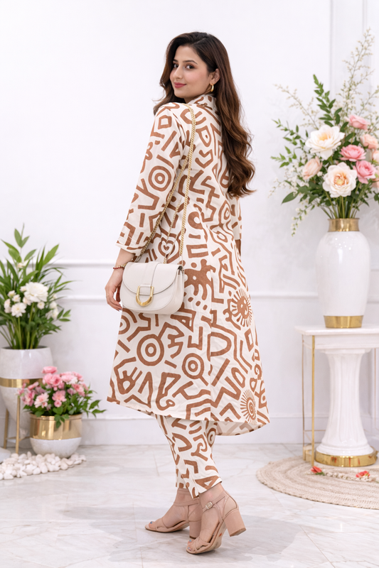 Cotton A-Line Kurta with Ankle Length Pant Set - Brown