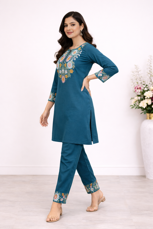 Cotton Embroidered Kurti with Palazzo Co-ord Set-Teal Blue