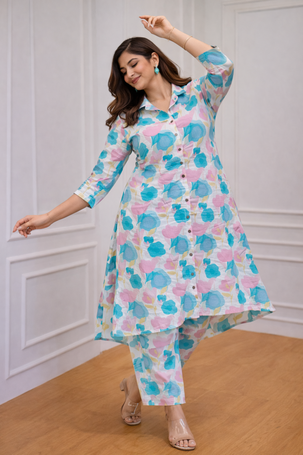 Cotton A-Line Floral Kurta with Ankle Length Pant Set