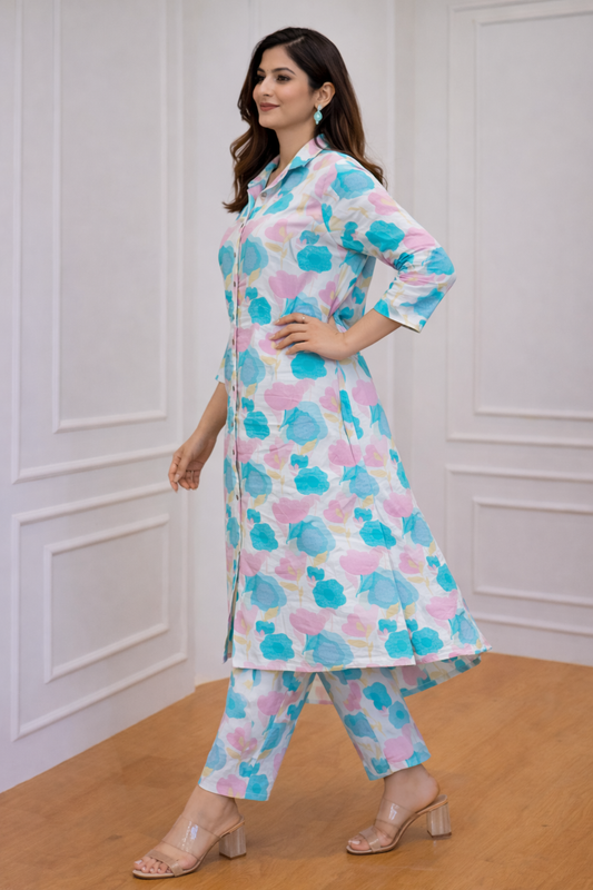 Cotton A-Line Floral Kurta with Ankle Length Pant Set