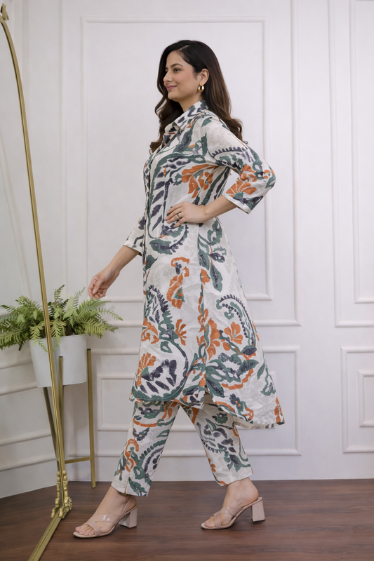Cotton A-Line Floral Printed Kurta with Ankle Length Pant Set