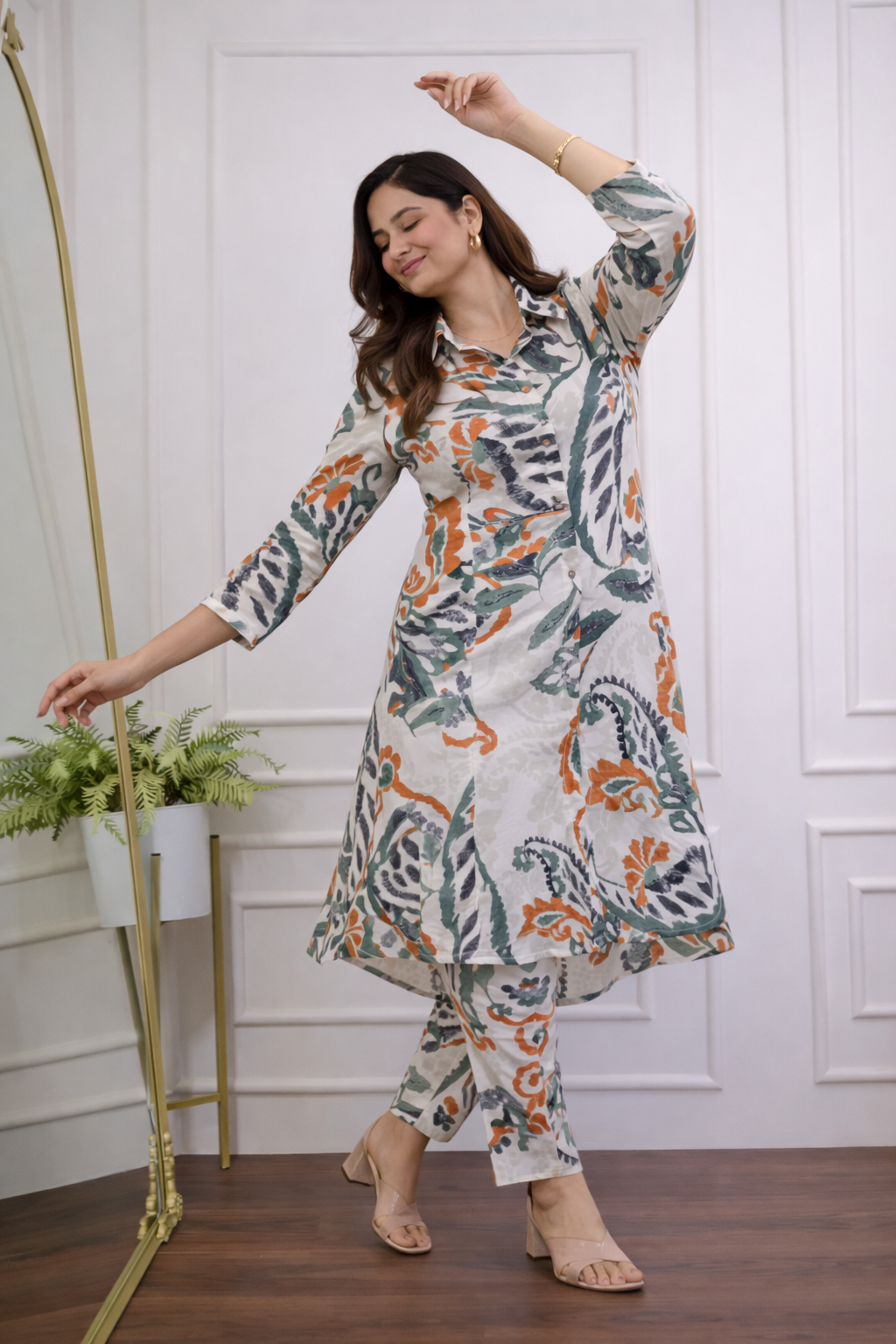Cotton A-Line Floral Printed Kurta with Ankle Length Pant Set