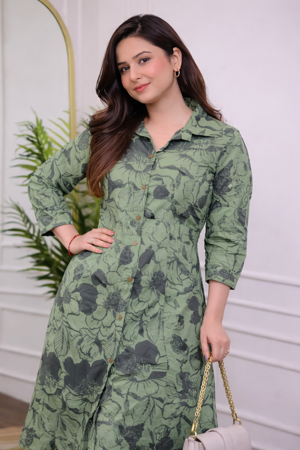 Cotton A - Line Kurta with Ankle Length Pant Set - Green