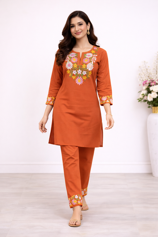 Cotton Embroidered Kurti with Pant Co-ord Set-Orange