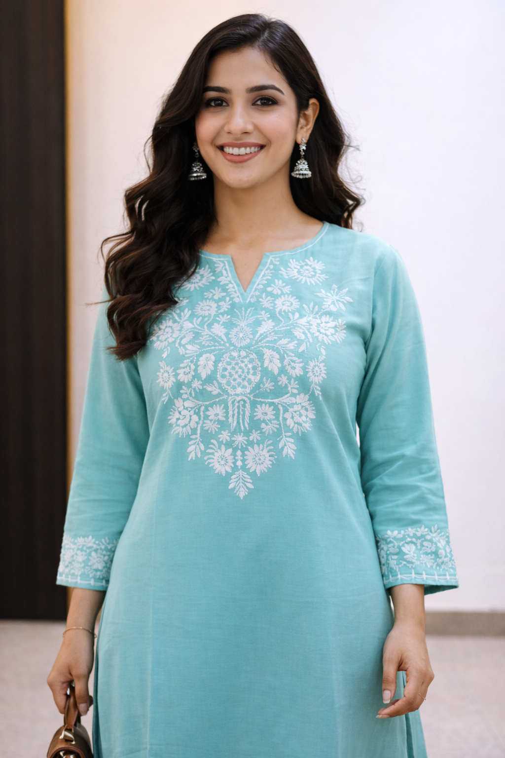 Cotton Embroidered Kurta With Palazzo set-Light Blue