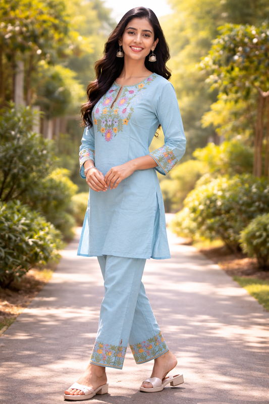 Cotton Embroidered Kurti with Pant Co-ord Set - Sky Blue