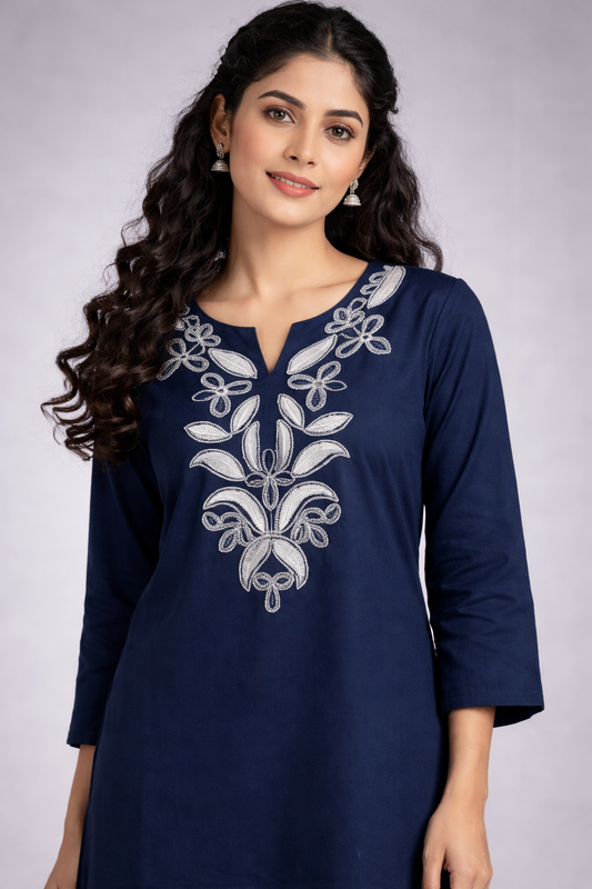 Cotton Embroidered Kurta With Palazzo set - Navy Blue