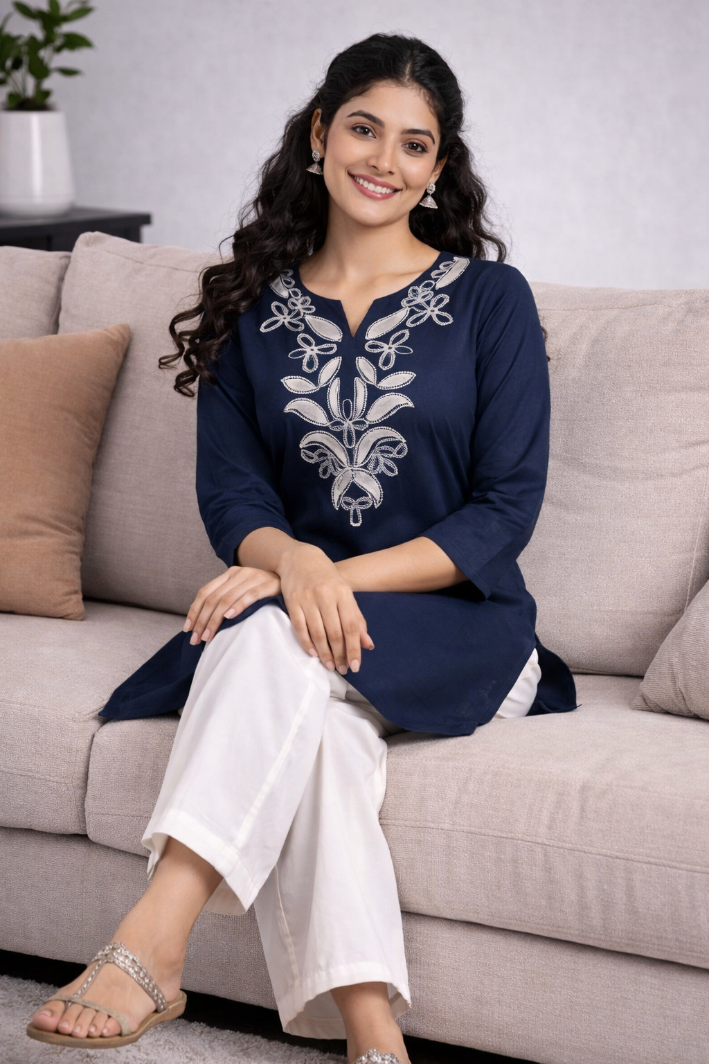 Cotton Embroidered Kurta With Palazzo set - Navy Blue