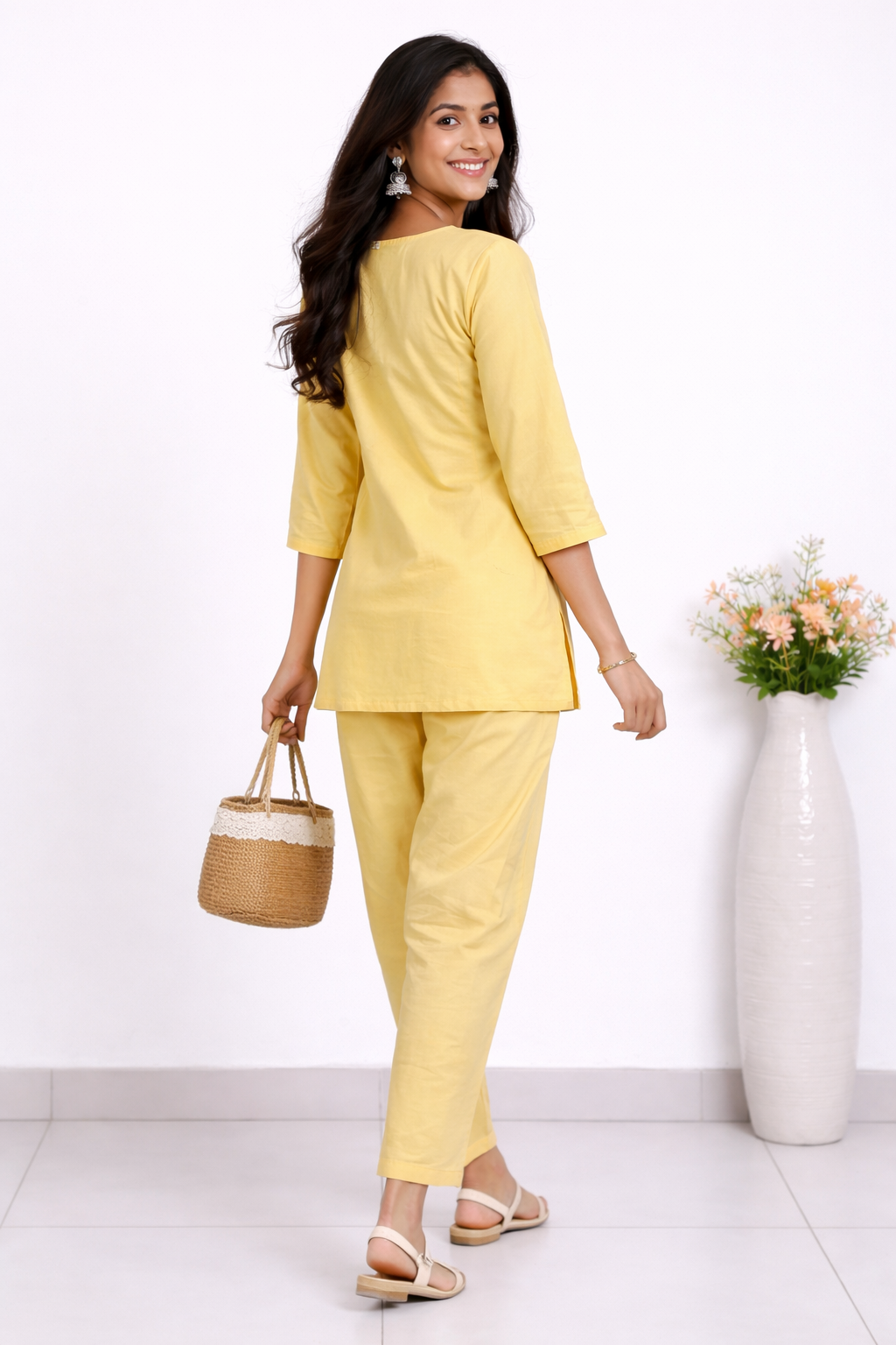 Cotton Embroidery Kurti With Pant Co-ord Set-Soft Pastel Yellow