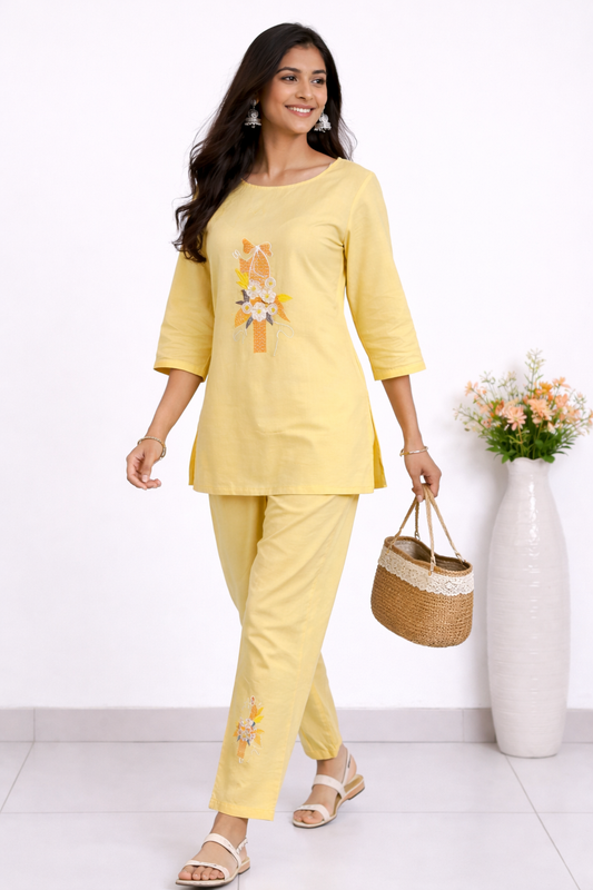 Cotton Embroidery Kurti With Pant Co-ord Set-Soft Pastel Yellow