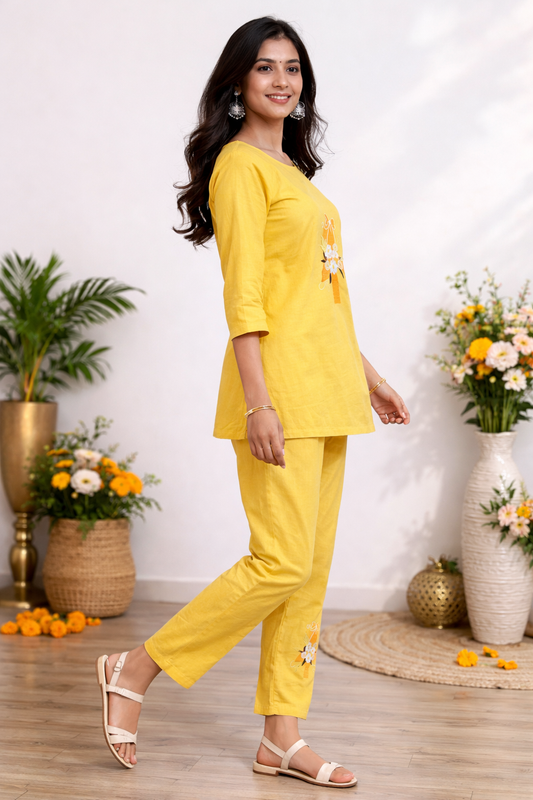 Cotton Embroidery Kurti With Pant Co-ord Set-Yellow