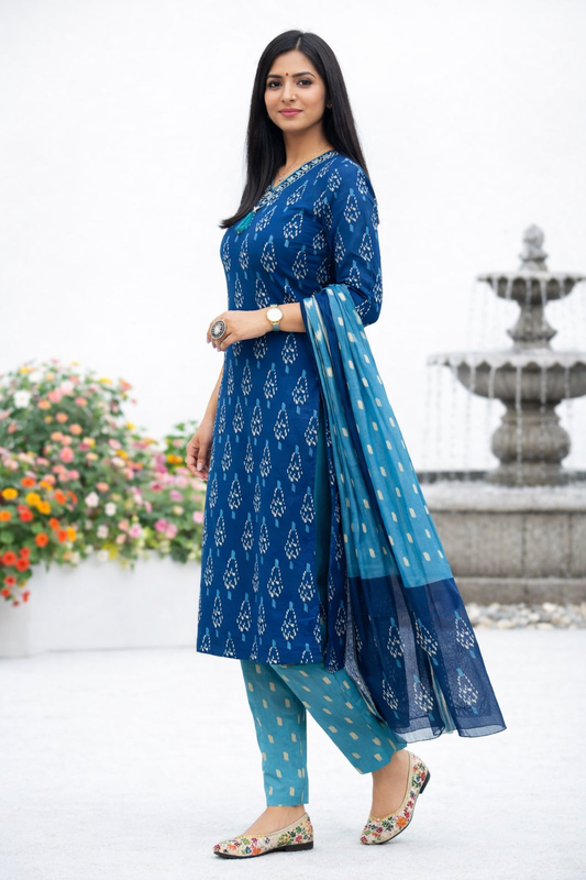 Cotton Kurta,Pant and Dupatta set-Blue