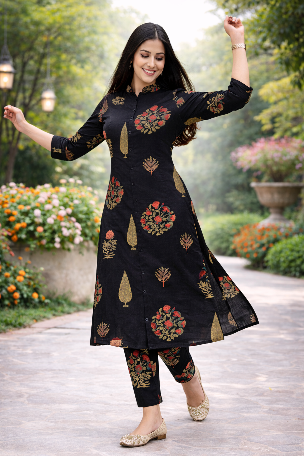 Cotton A-Line Floral Kurta Pant set - Black