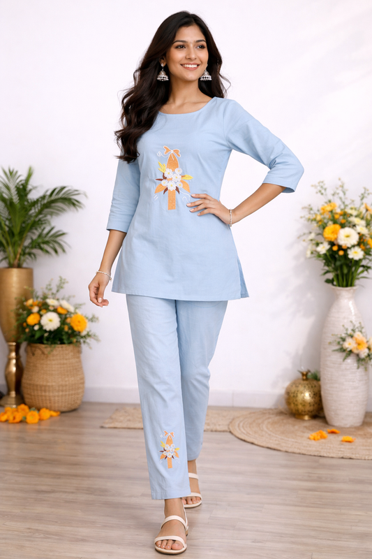 Cotton Embroidery Kurti With Pant Co-ord Set-Sky Blue