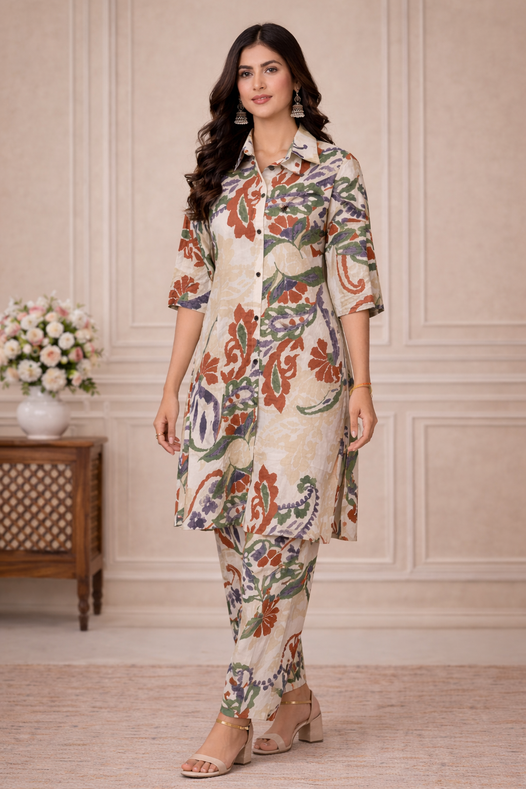Cotton Printed A- Line Kurta Pant Set-Beige