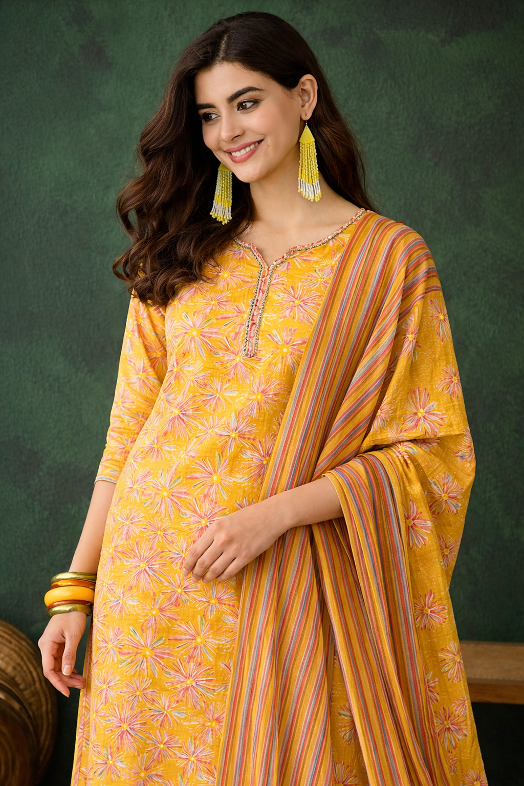 Cotton Printed Kurta with Pant and Dupatta-Yellow