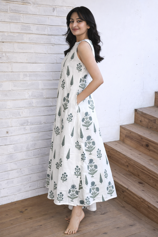 Cotton A-Line Sleeveless Kurta Palazzo set-white