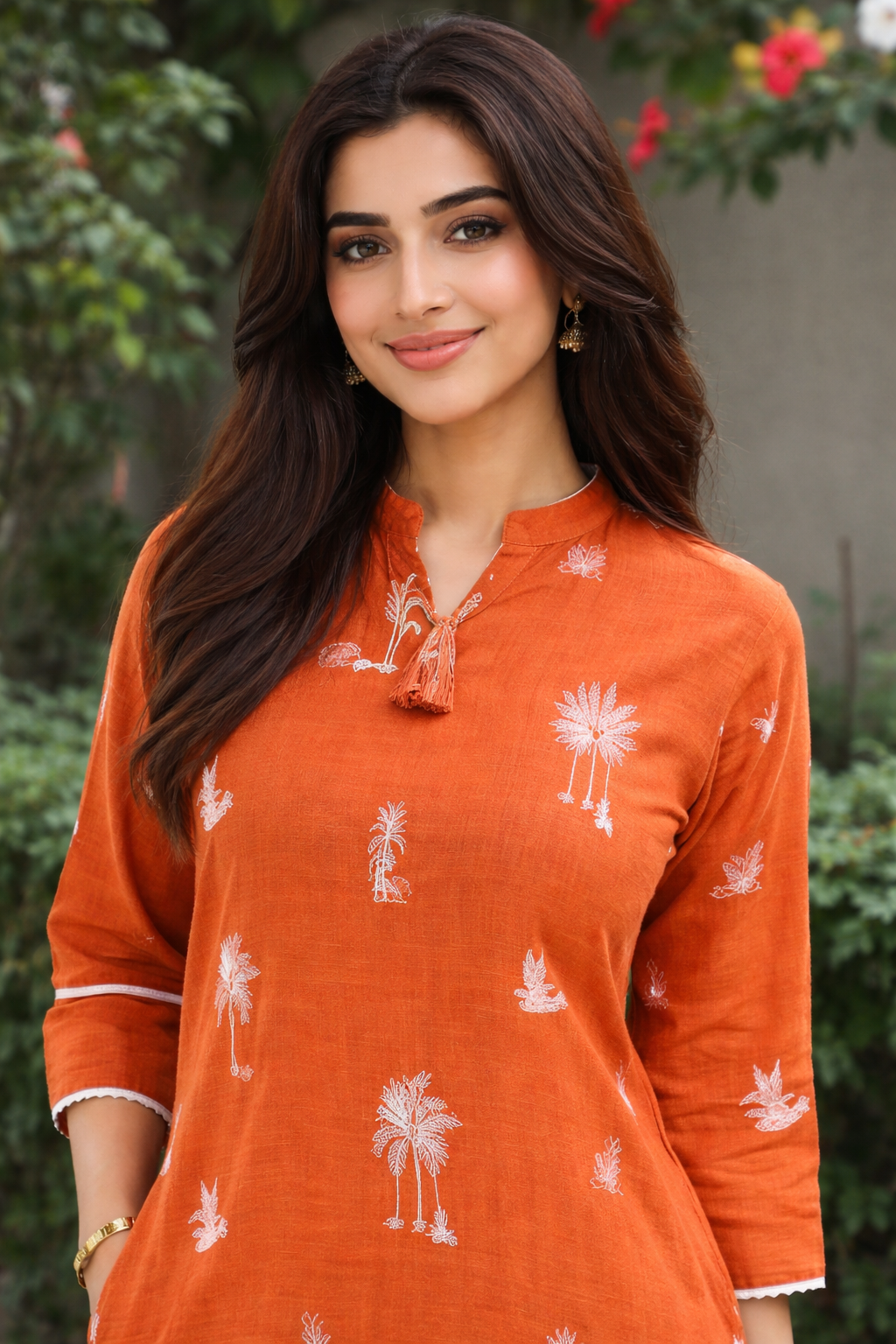 Cotton Embroidered Kurta with Pant and Dupatta set-Orange