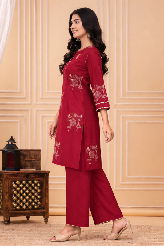 Cotton Printed Kurta Pant Set-Maroon