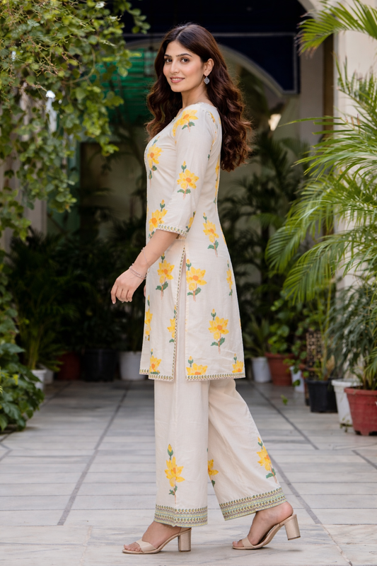 Cotton printed Kurta Pant set-Yellow