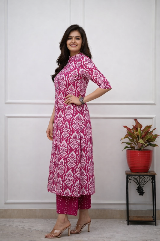 Cotton Straight Printed Kurta Pant set-Pink