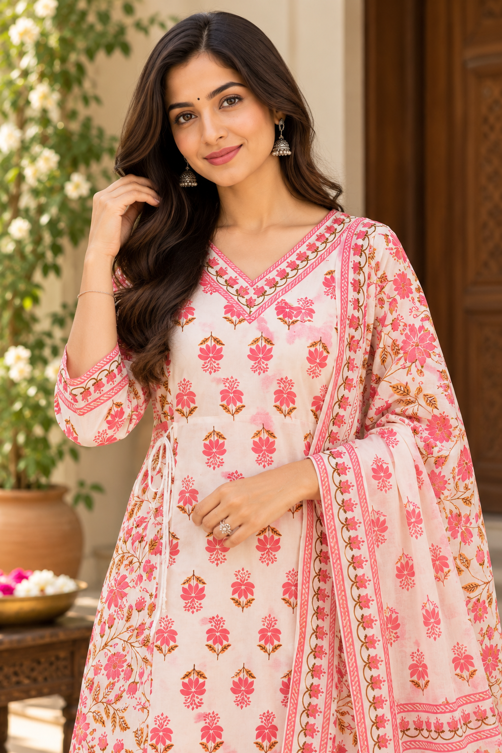 Straight Cotton Kurta Set with Dupatta-Red and White