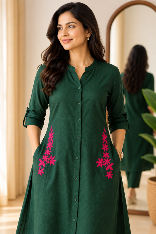 Cotton A-Line Embroidered Kurta Pant Set-Green