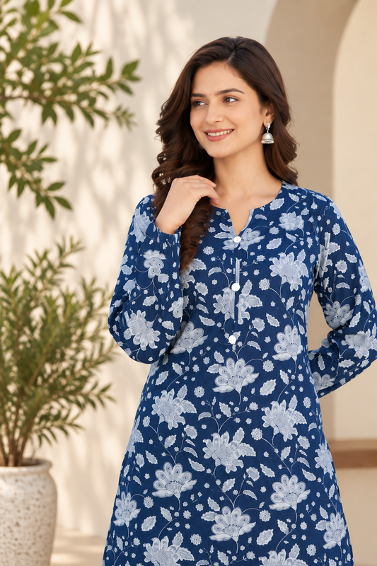 Cotton Straight Kurta with Afghani Pant Set-Blue
