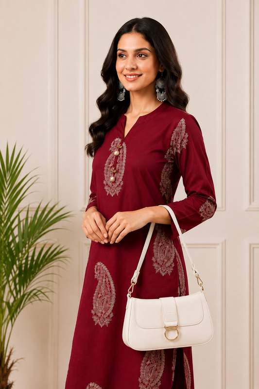 Straight Cotton Kurta with Pant Set-Maroon