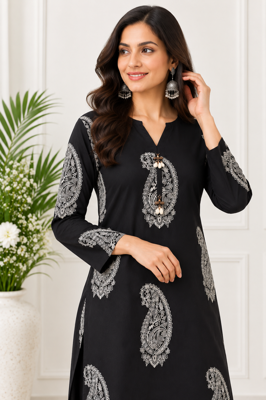 Straight Cotton Kurta with Pant set-Black