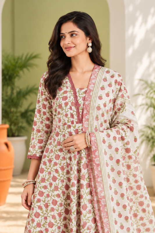 Floral Printed Pure Cotton Anarkali Kurta Set with Trouser & Dupatta-Cream