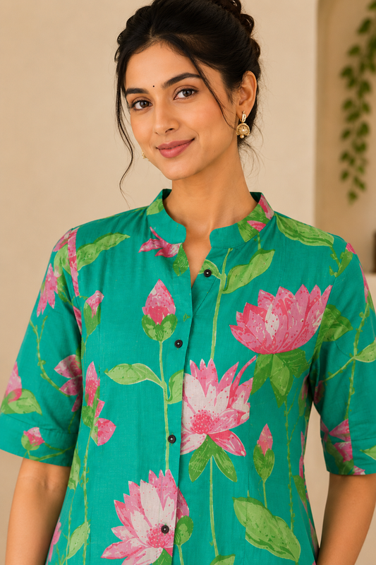 Cotton Straight Printed Floral kurta Plazzo set-Green