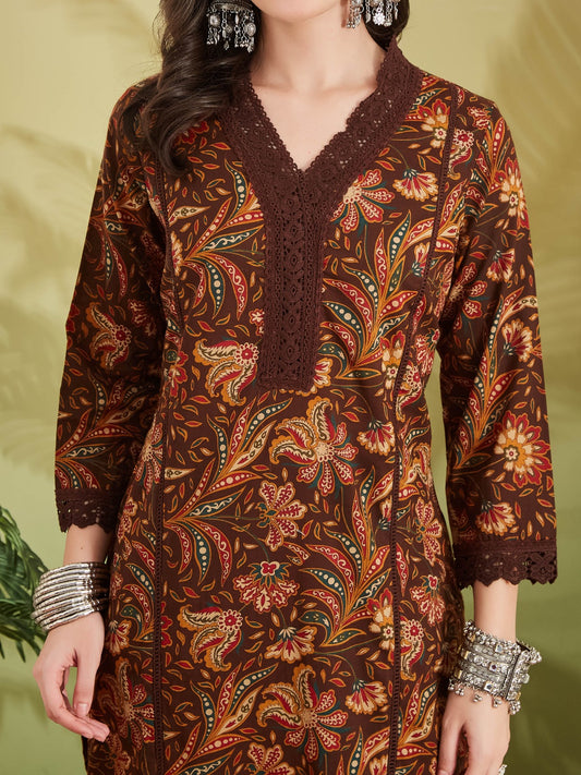 Floral Printed Pure Cotton Kurta With Pant-Brown