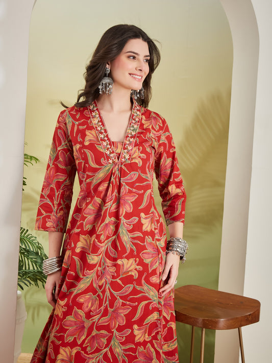 Floral Printed Pure Cotton A-line Anarkali Kurta With Pant-Red