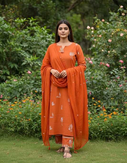 Cotton Embroidered Kurta with Pant and Dupatta set-Orange