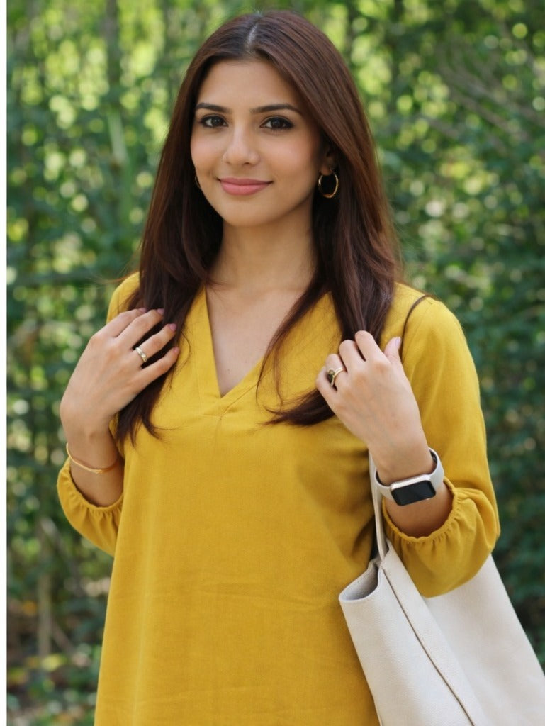 Cotton Slub Plain Dye Kurti Palazzo Set-Yellow