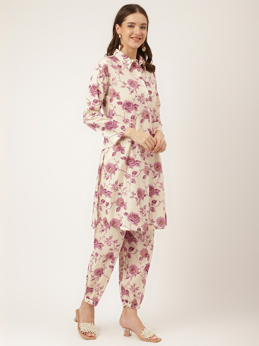 Floral Printed Cotton Kurta with Pant Co-ord Set-Purple