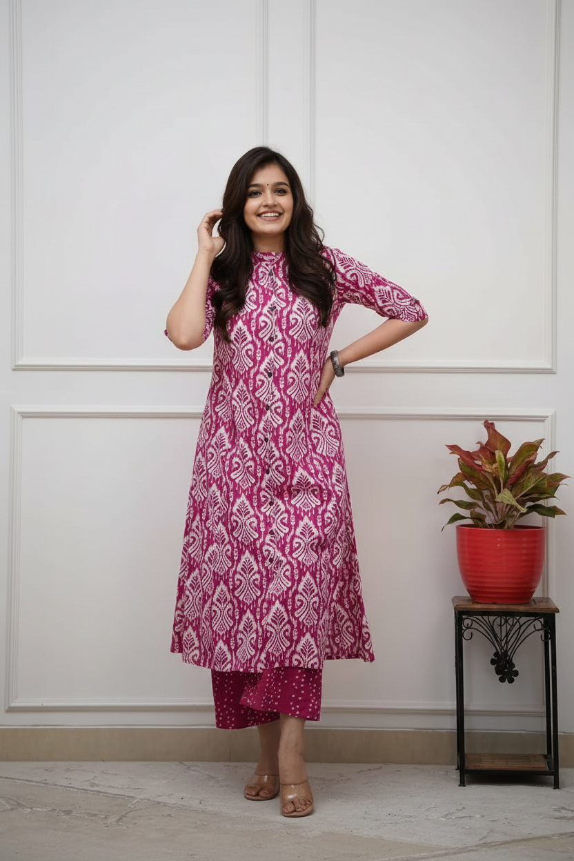Cotton Straight Printed Kurta Pant set-Pink