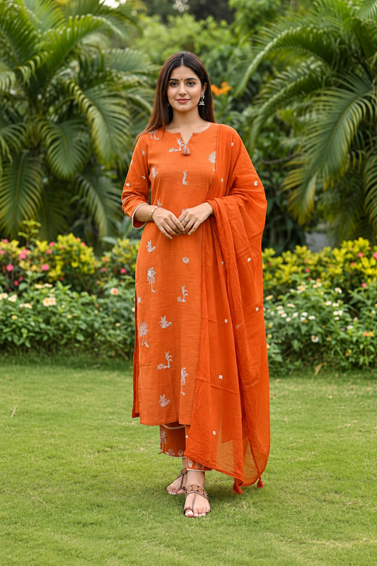 Cotton Embroidered Kurta with Pant and Dupatta set-Orange