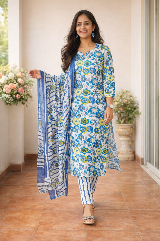 Cotton Flower Printed Straight Kurta, Pant and Dupatta Set-Light Blue