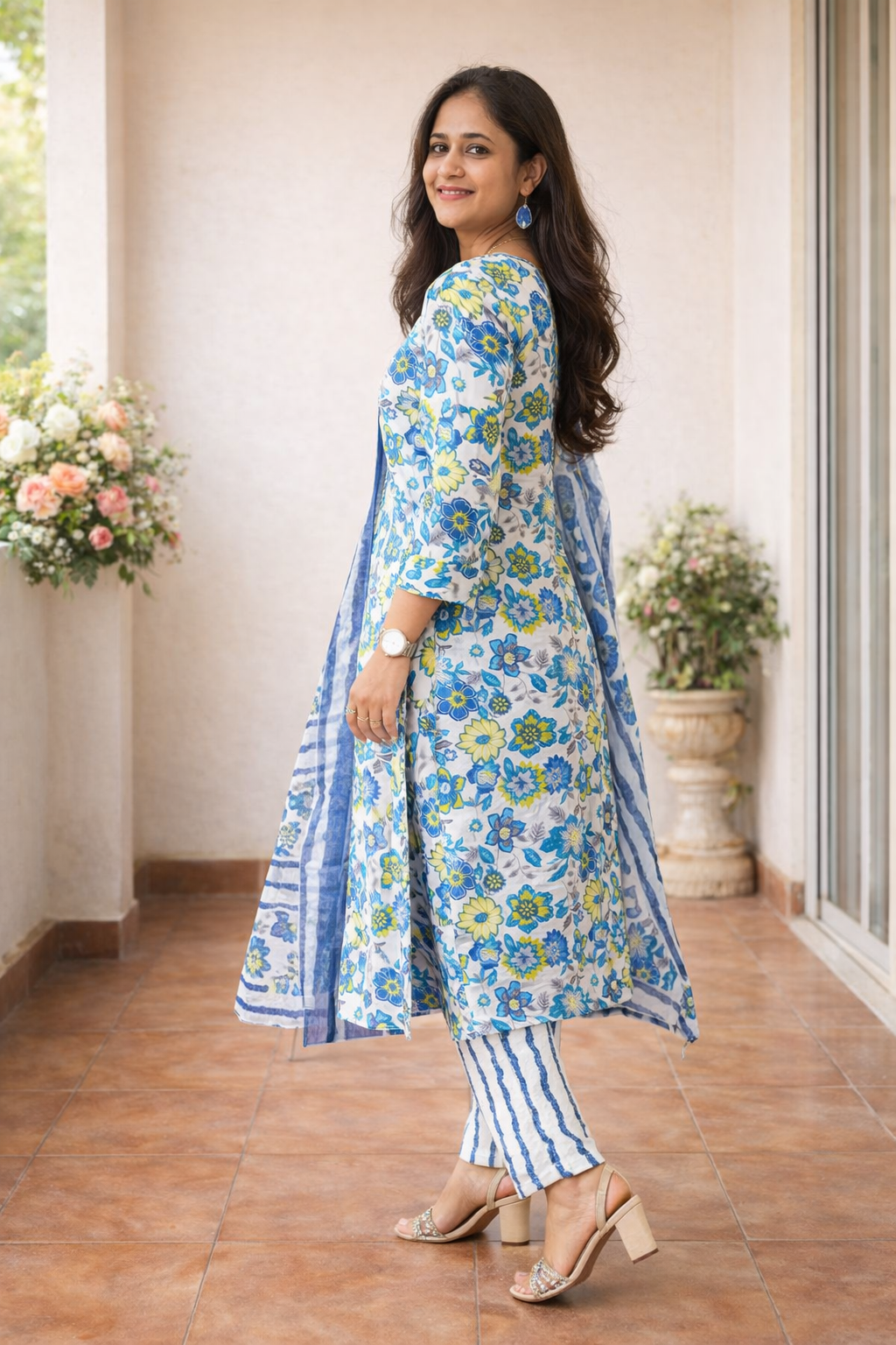 Cotton Flower Printed Straight Kurta, Pant and Dupatta Set-Light Blue